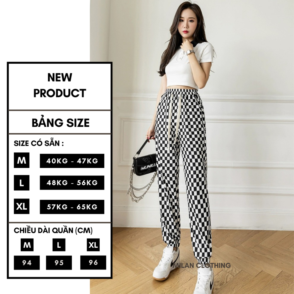 Quần Jogger nữ bo gấu Milan Clothing họa tiết caro thể thao có dây rút
