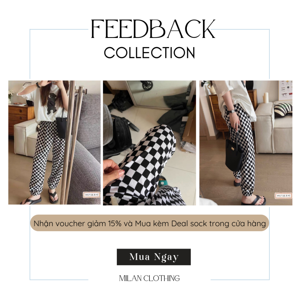 Quần Jogger nữ bo gấu Milan Clothing họa tiết caro thể thao có dây rút