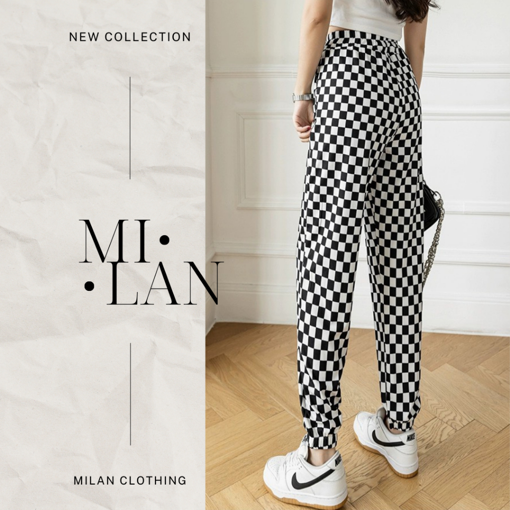 Quần Jogger nữ bo gấu Milan Clothing họa tiết caro thể thao có dây rút