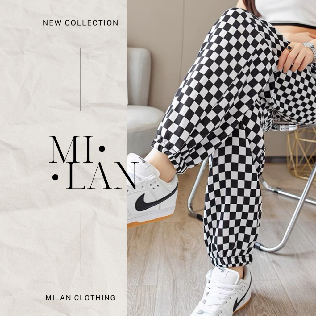 Quần Jogger nữ bo gấu Milan Clothing họa tiết caro thể thao có dây rút