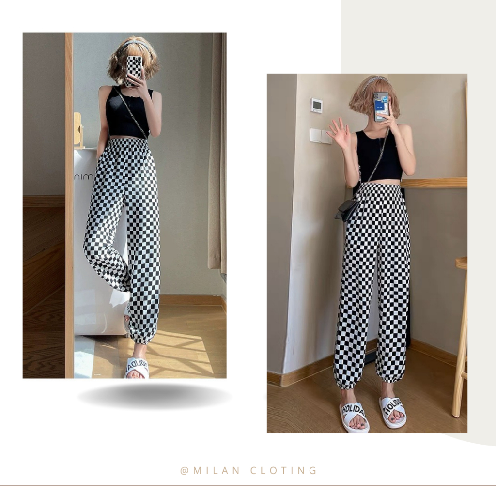 Quần Jogger nữ bo gấu Milan Clothing họa tiết caro thể thao có dây rút