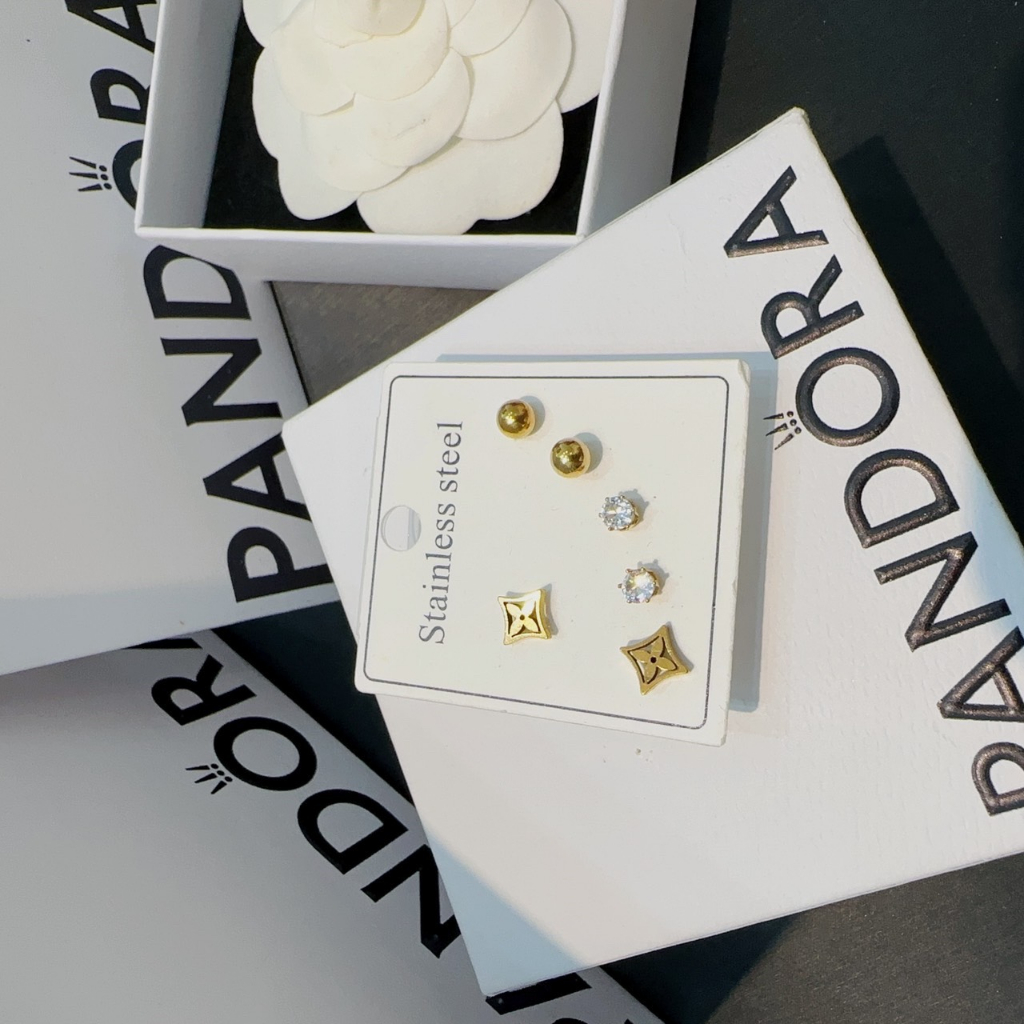 Bông tai titan đính đá sét 3 đôi khuyên titan đính đá xinh tiểu thư sang chảnh phụ kiện hoa tai Trang Nemo Shop