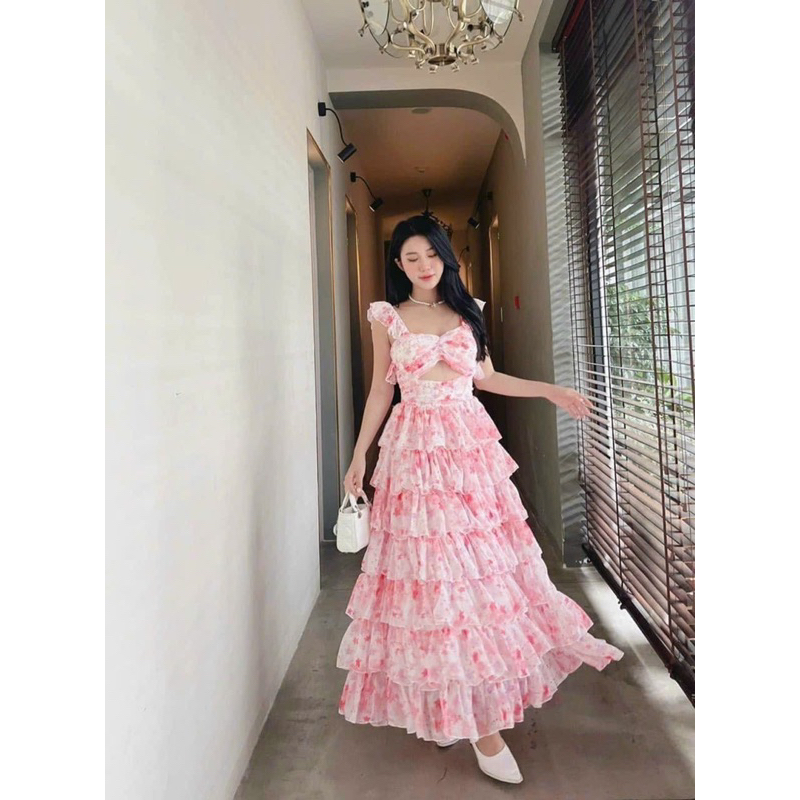 Đầm maxi đi biển xếp tầng hở ngực siêu xinh - Free size dưới 54kg