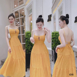 Đầm maxi xốp 2 dây có mút nhún tầng hở lưng cột dây khoét ngực tôn dáng
