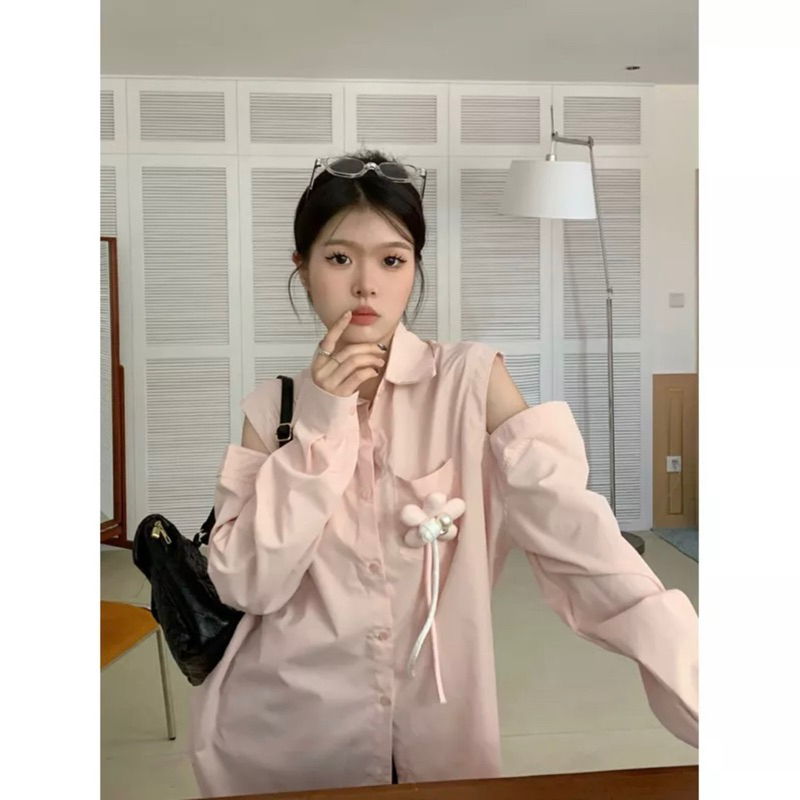 Sơ mi hồng khoét vai Hàn Quốc siêu xinh đáng yêu hồng baby