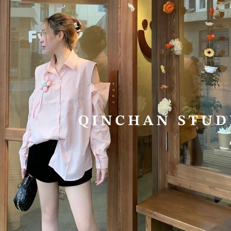 Sơ mi hồng khoét vai Hàn Quốc siêu xinh đáng yêu hồng baby