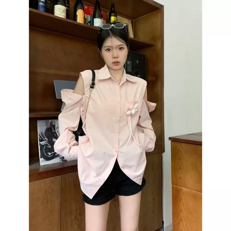 Sơ mi hồng khoét vai Hàn Quốc siêu xinh đáng yêu hồng baby