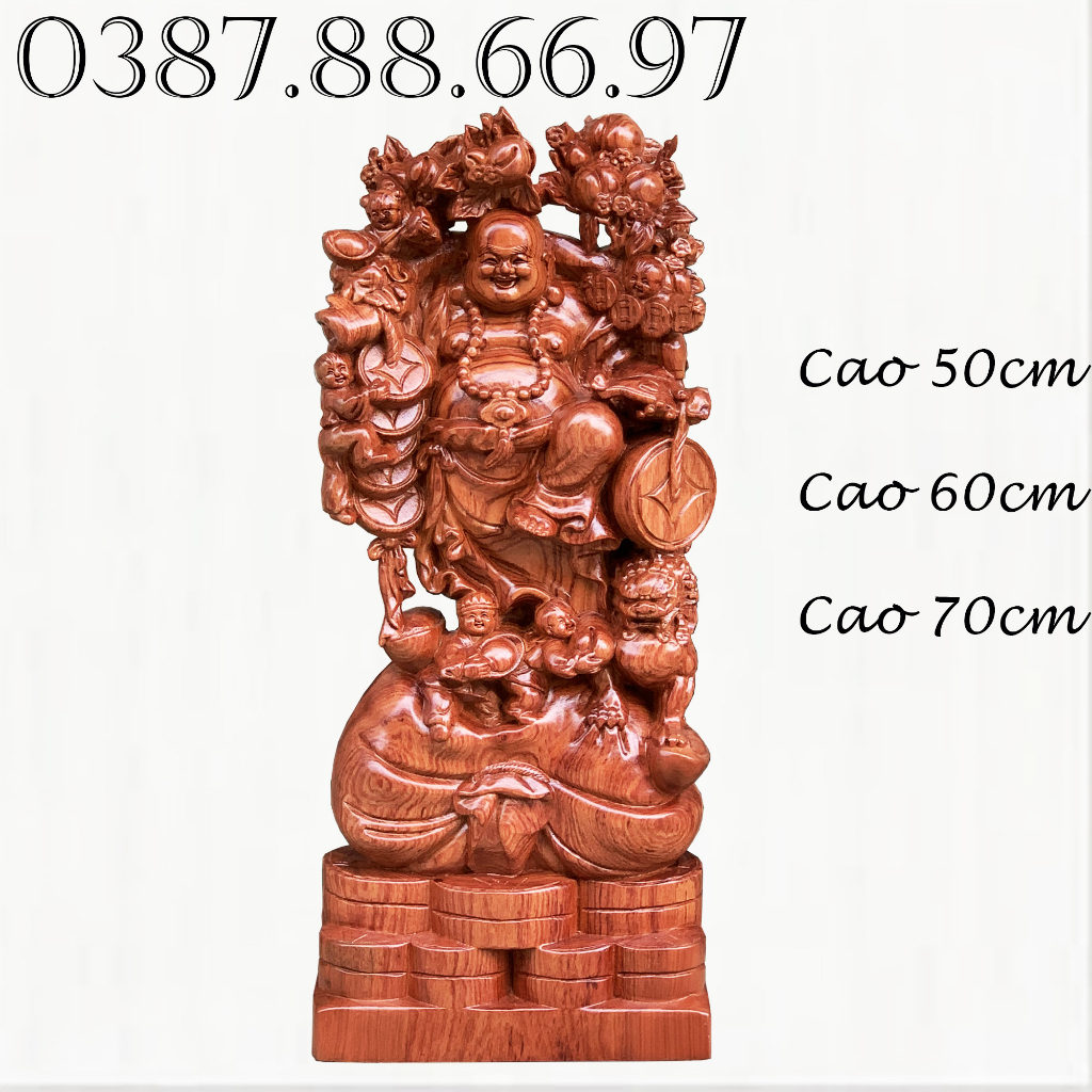 Tượng phật di lặc ngũ phúc gánh đào thuần nghê cao từ 50cm đến 70cm chất liệu gỗ hương