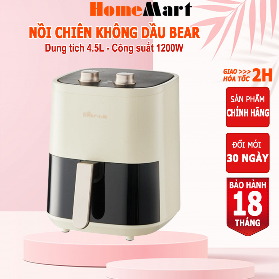 Nồi chiên không dầu 4.5L Bear QZG-E12H9 công nghệ nhiệt đối Lưu 360 độ, HomeMart – Hàng chính hãng bảo hành 6-18 tháng