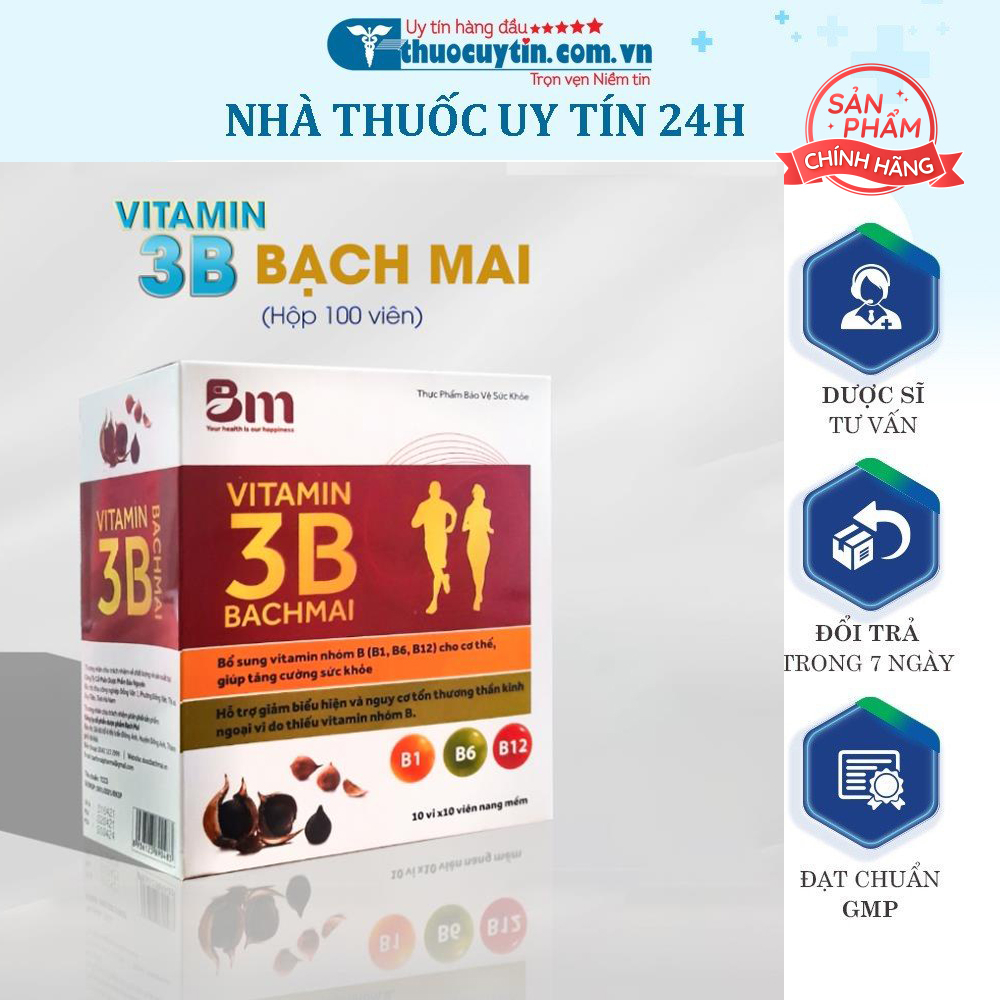 Bổ sung nhóm vitamin B1, B6 B12, Tăng cường sức khoẻ, phục hồi sau ốm - Vitamin 3B Bạch Mai (hộp 100 viên)