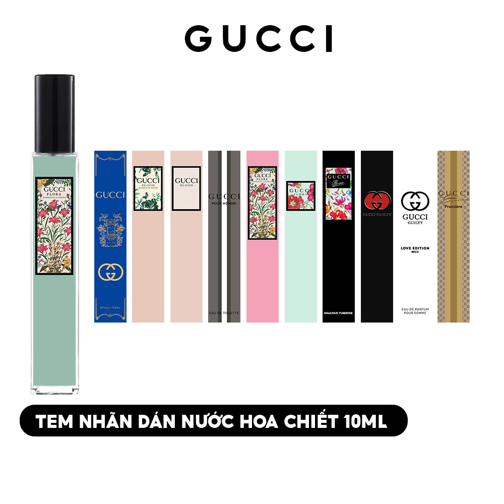 36 Tem nhãn dán nước hoa Gucci chiết 10ml đã cắt sẵn tất cả các mùi - Kích thước 15mm x 80mm