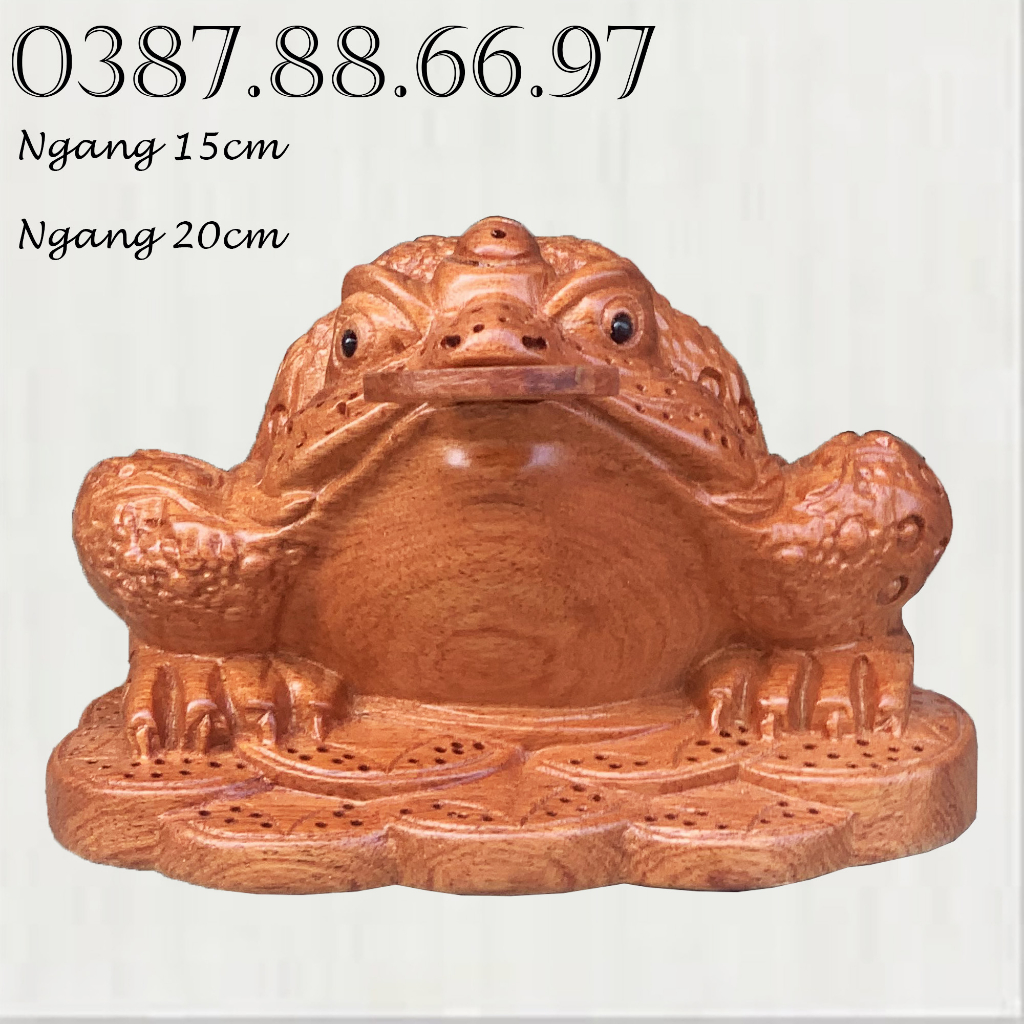 Tượng cóc ngậm tiền thiềm thừ rộng 15cm và 20cm chất liệu gỗ hương