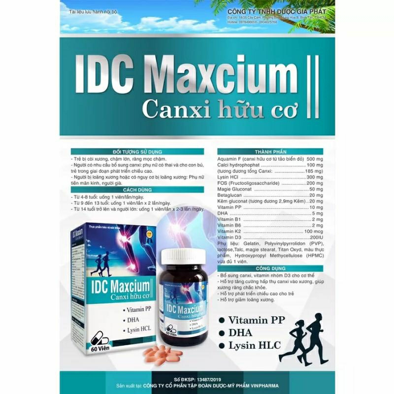 Canxi hữu cơ IDC Maxcium bổ sung canxi cho cả gia đình, không lo nóng, táo bón - lọ 60 viên