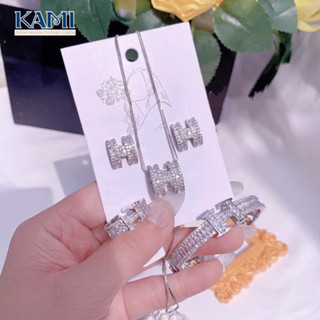 Set bộ trang sức KAMI nữ dây chuyền bông tai nhẫn chữ H đá nhân tạo siêu sáng xi bạch kim