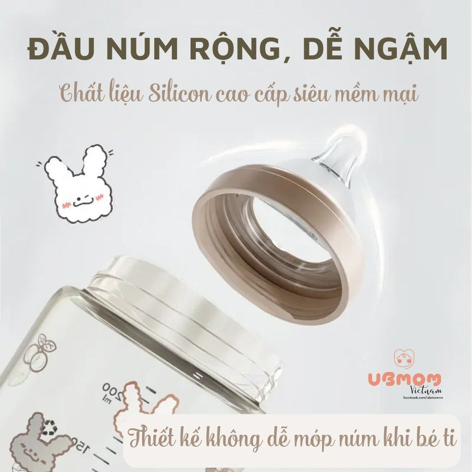 Bình Sữa Bình Ti UBMOM Hàn Quốc Chính Hãng Cho Bé Họa Tiết Thỏ Trắng, Thỏ Nâu Mẫu Mới 200ml/280ml