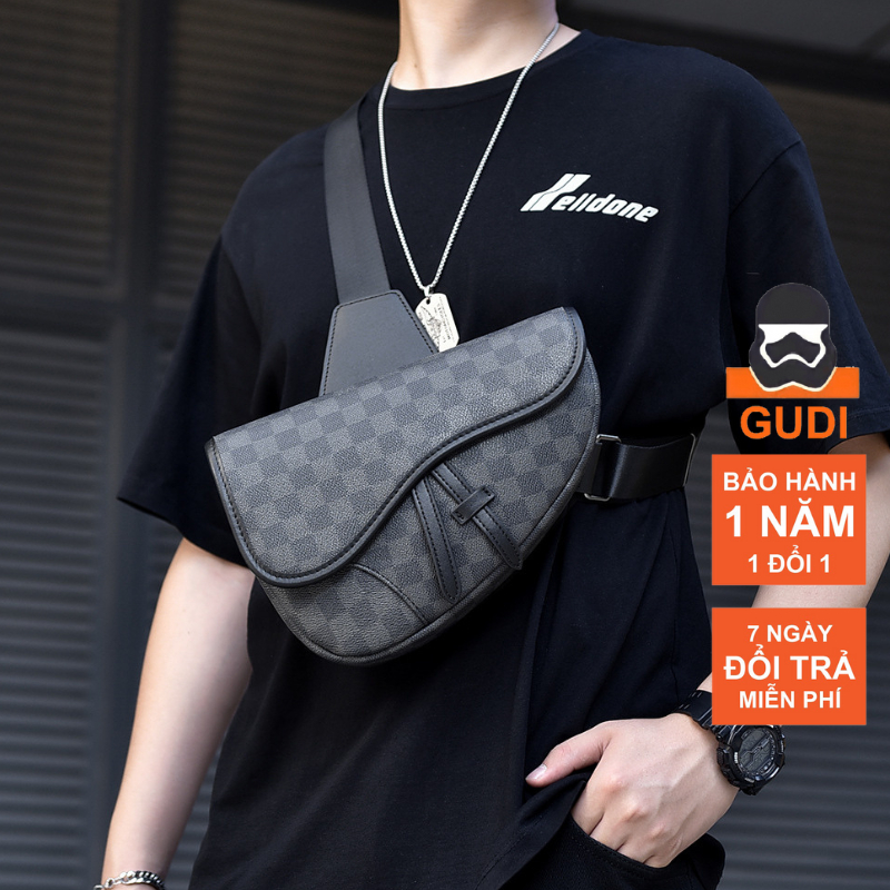 Túi Đeo Chéo Nam Saddle Thời Trang Gudi Studio Street Wear Họa Tiết Caro - Túi Xách Nam Chất Liệu PU Bền Đẹp