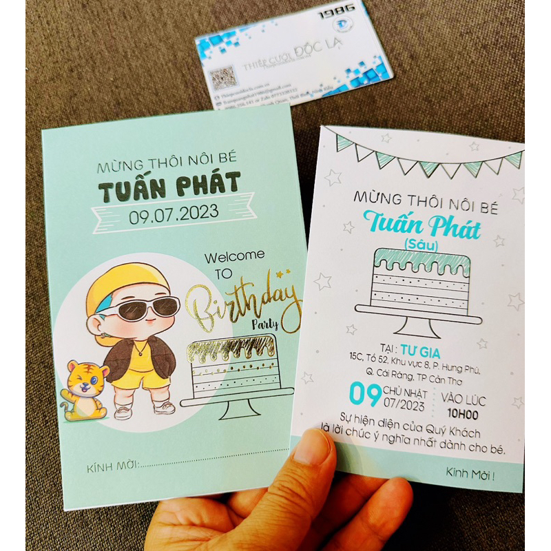 Thiệp Thôi nôi, Sinh nhật, Đầy tháng bé trai xanh ngọc