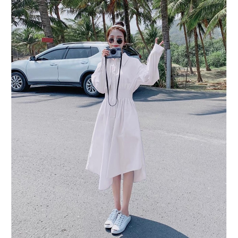 Đầm váy trắng thun eo tay dài cổ sơ mi