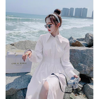 Đầm váy trắng thun eo tay dài cổ sơ mi
