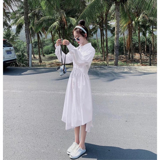 Đầm váy trắng thun eo tay dài cổ sơ mi