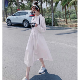Đầm váy trắng thun eo tay dài cổ sơ mi