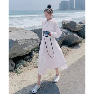 Đầm váy trắng thun eo tay dài cổ sơ mi
