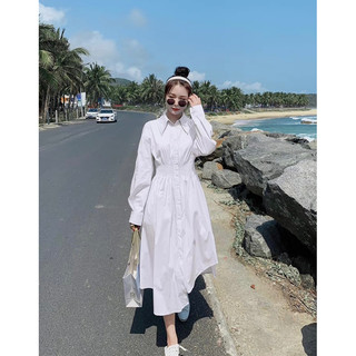 Đầm váy trắng thun eo tay dài cổ sơ mi