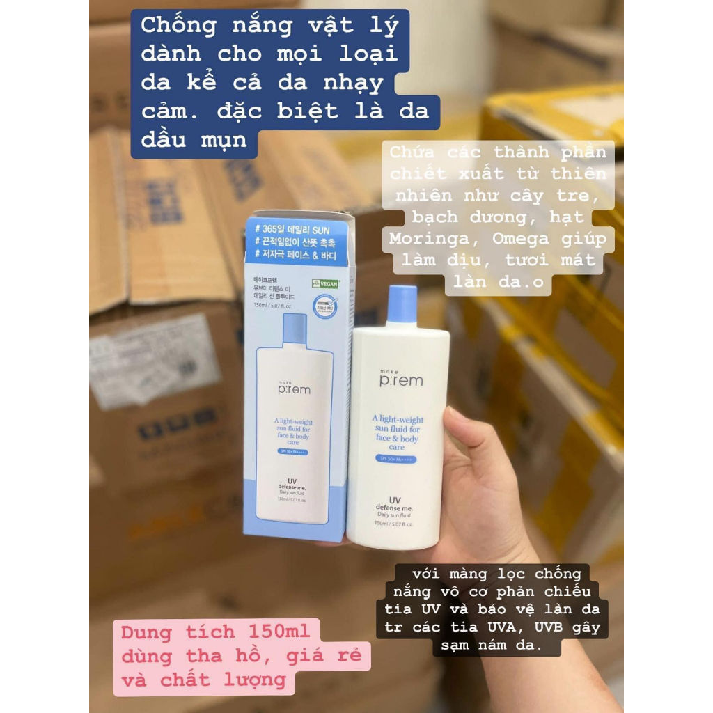 Kem Chống Nắng Make Prem UV Defense Me Blue Ray Sun Fluid SPF 50+/ PA++++ Dạng Sữa 150ML