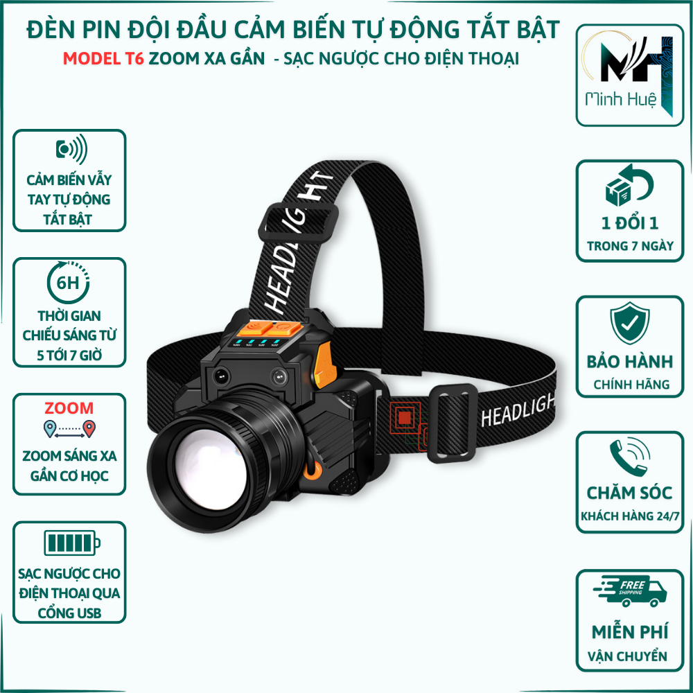 Đèn pin đội đầu cảm biến vẫy tay siêu sáng kiêm sạc dự phòng điện thoại Đèn đội đầu Đèn bin đội đầu mini Đèn cảm biến