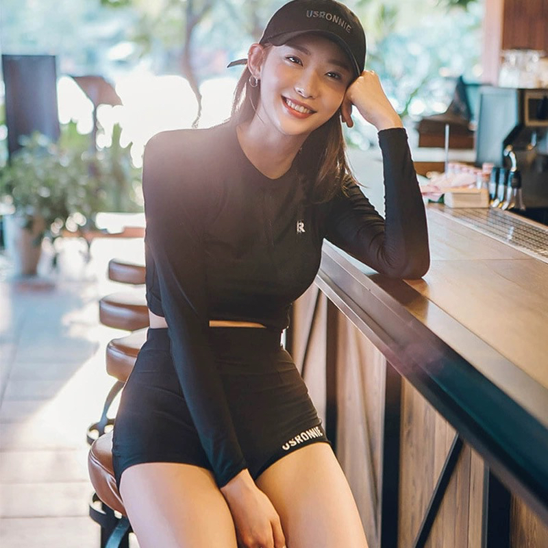 Đồ bơi bikini nữ dài tay quần đùi cạp cao đen đơn giản tôn dáng