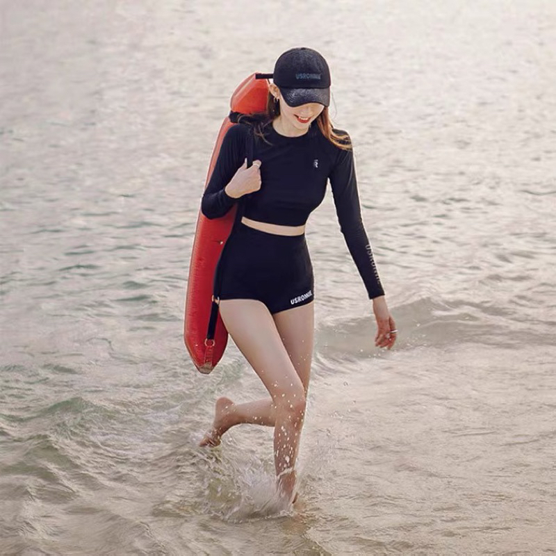 Đồ bơi bikini nữ dài tay quần đùi cạp cao đen đơn giản tôn dáng