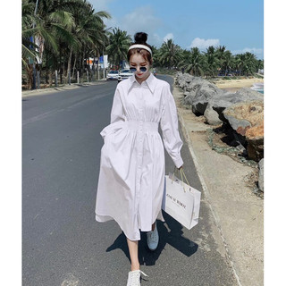 Đầm váy trắng thun eo tay dài cổ sơ mi