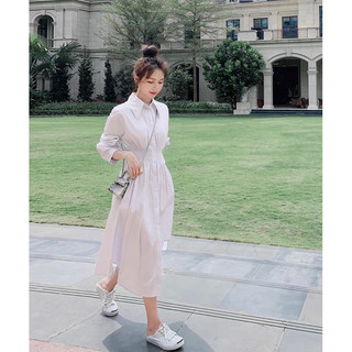 Đầm váy trắng thun eo tay dài cổ sơ mi