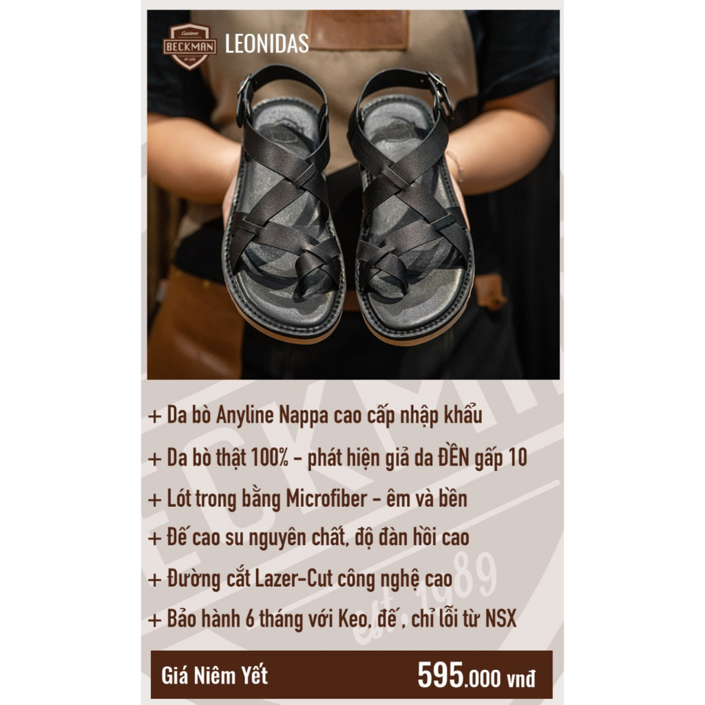 Dép Xăng Đan Nam Hàng Hiệu Đế Bằng Da Thật - Sandal Leonidas Màu Đen - R8ckie - SDTT02BO