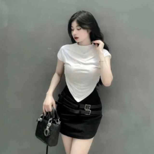 SET ÁO TAY NGẮN CỔ TRÒN VẠT NHỌN PHỐI CHÂN VÁY ÔM 2 BETL