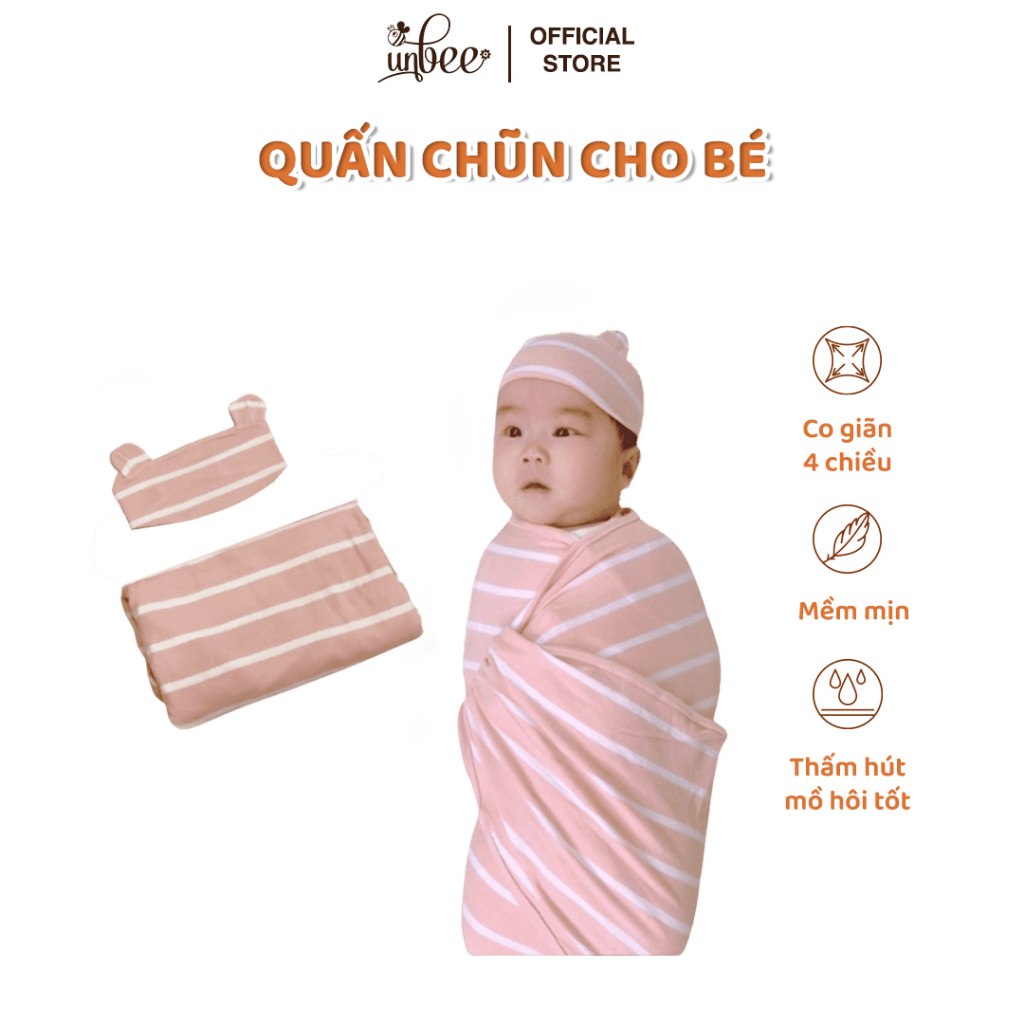 Quấn chũn Unbee tặng kèm che thóp hình gấu cute 100% petit co giãn 4 chiều thấm hút mồ hôi 175*70cm - PN014