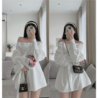 Áo sơ mi trễ vai , áo trễ vai tay bồng 2 màu trắng / màu xanh tiểu thư sang chảnh