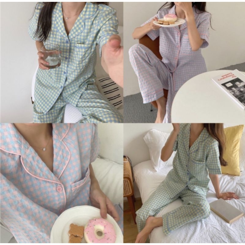 Sét bộ pyjama tay cộc quần dài cổ vét chạy mí viền cực chất.