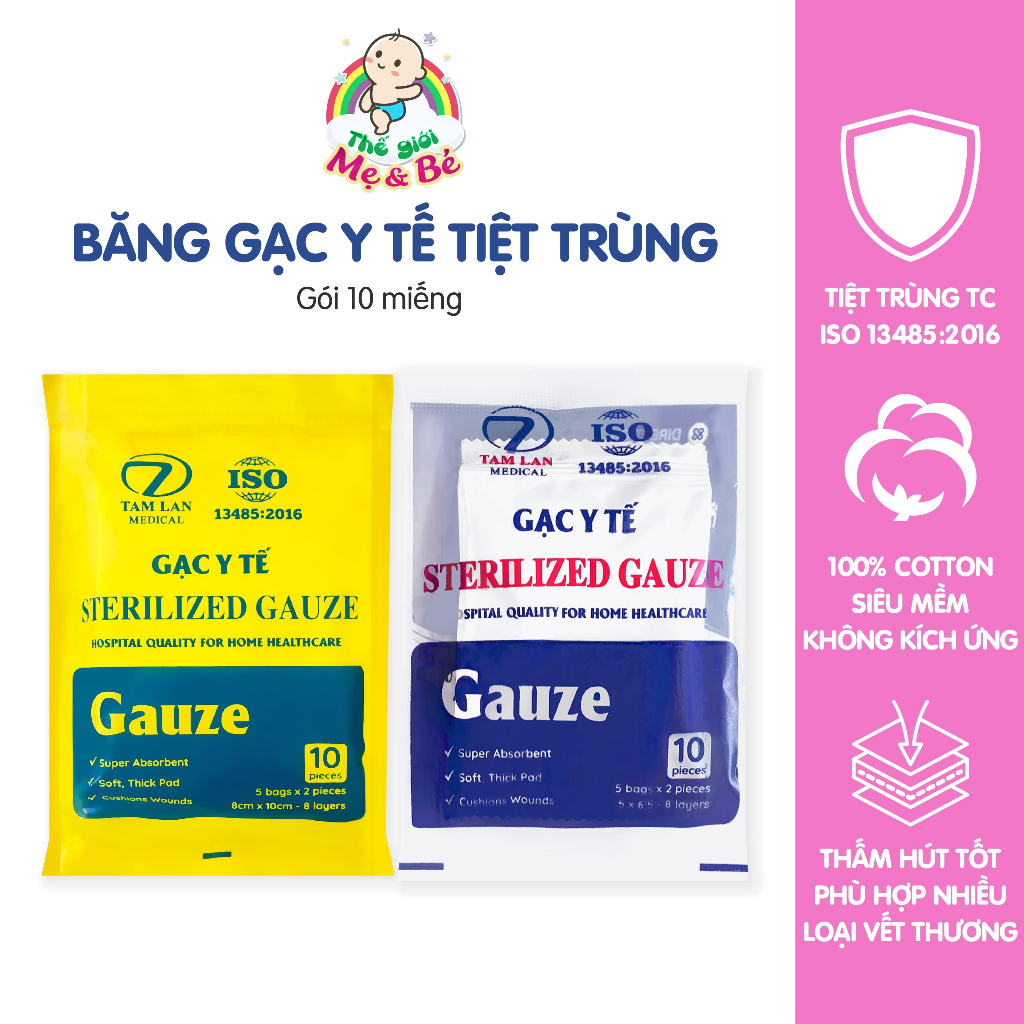 Gạc y tế tiệt trùng Tâm Lan 5x6.5cm/ 8x10cm (Gói 10 miếng)