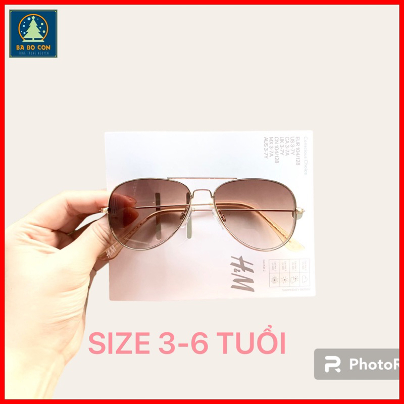 Kính râm trẻ em HM dáng chuồn, có mail mua hàng, có 2 size thích hợp cho bé từ 3-6 tuổi và 7-12 tuổi