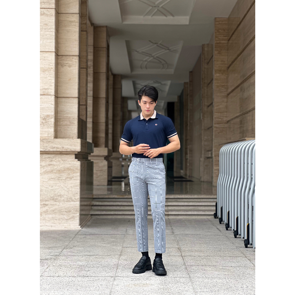 PO274 Áo Polo Nam DOCAS Vải Cotton CMC Màu Xanh Đen Cổ Phối Xanh Be Phom Regular Fit