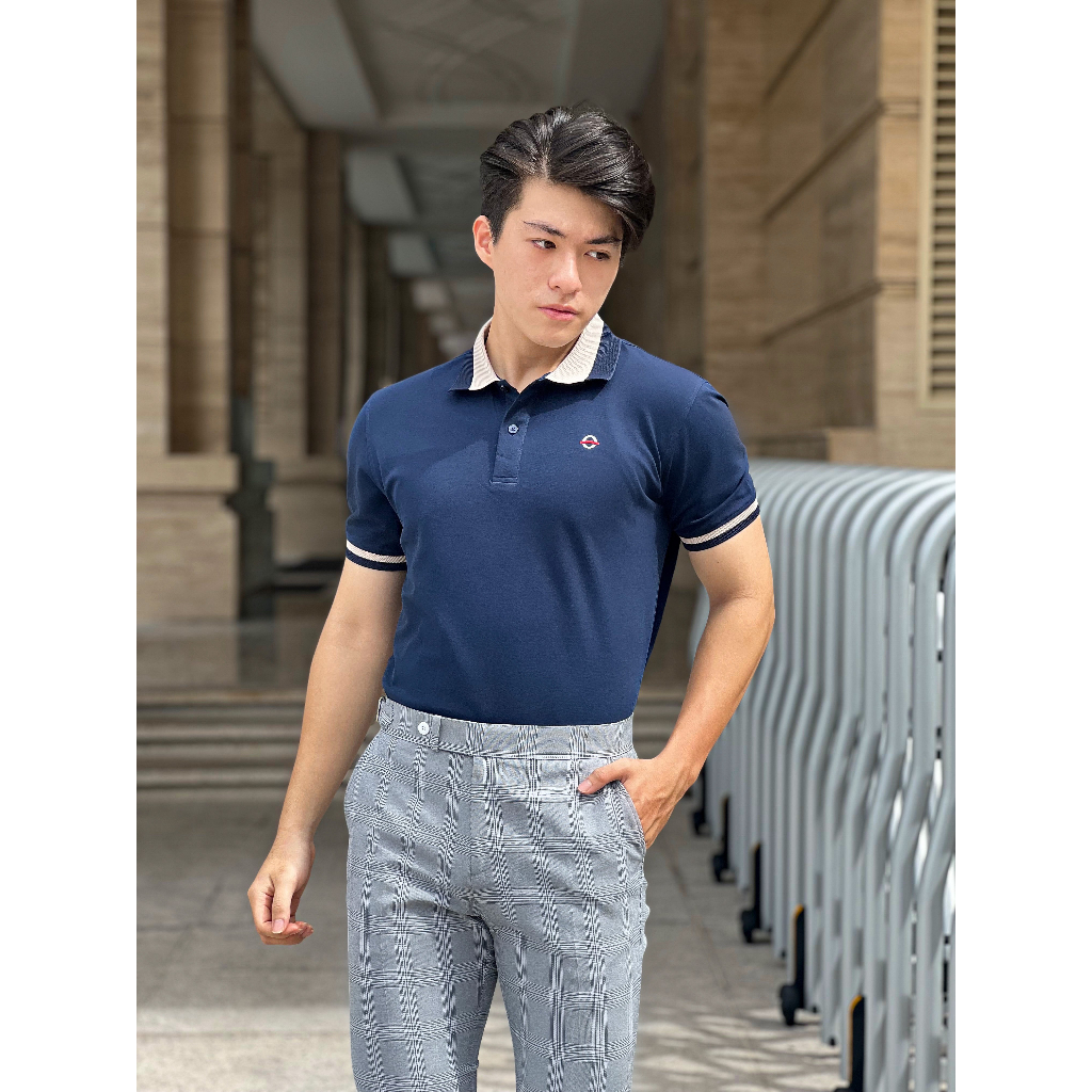 PO274 Áo Polo Nam DOCAS Vải Cotton CMC Màu Xanh Đen Cổ Phối Xanh Be Phom Regular Fit