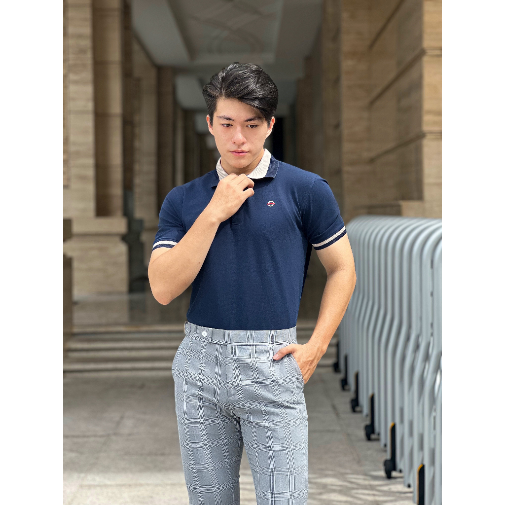 PO274 Áo Polo Nam DOCAS Vải Cotton CMC Màu Xanh Đen Cổ Phối Xanh Be Phom Regular Fit