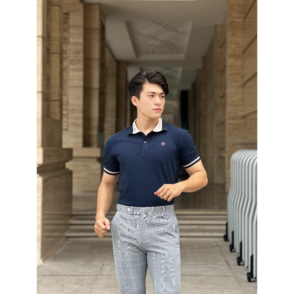 PO274 Áo Polo Nam DOCAS Vải Cotton CMC Màu Xanh Đen Cổ Phối Xanh Be Phom Regular Fit