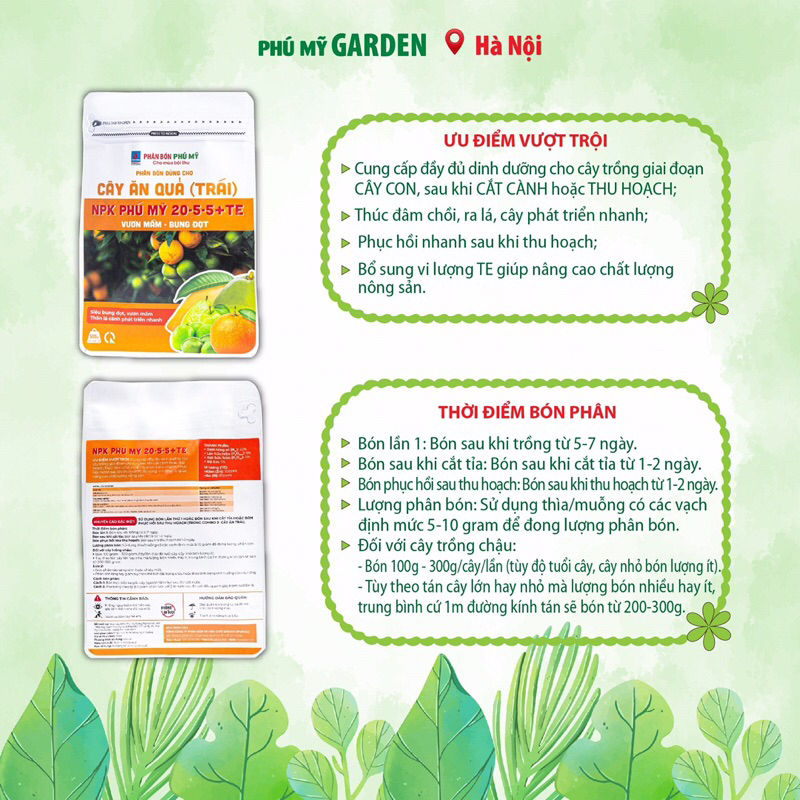 Combo 2 Túi Phân Bón NPK Phú Mỹ 20-20-15  và NPK 20-5-5  Cung Cấp Vi Lượng Bổ Sung Dinh Dưỡng Cho Cây Ăn Quả