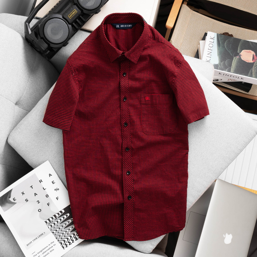 Áo sơ mi BR caro tay ngắn màu Đô, Xanh vải Cotton co giãn tốt mềm mịn thoáng mát, form regular - Bravery