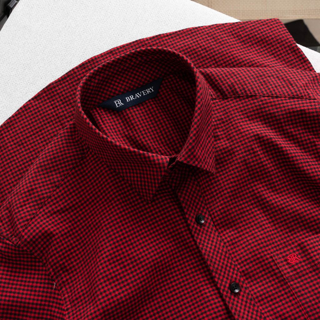 Áo sơ mi BR caro tay ngắn màu Đô, Xanh vải Cotton co giãn tốt mềm mịn thoáng mát, form regular - Bravery