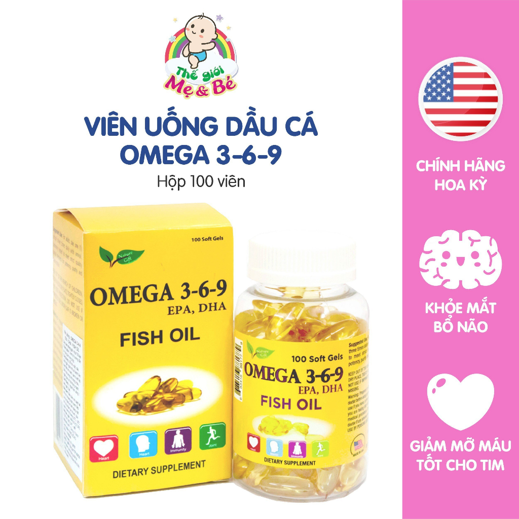 [MỸ] Dầu cá Nature Gift Omega 369 Fish Oil (Hộp 100v) - Giảm mỡ máu, bổ não, mắt, tim mạch, an toàn cho mẹ