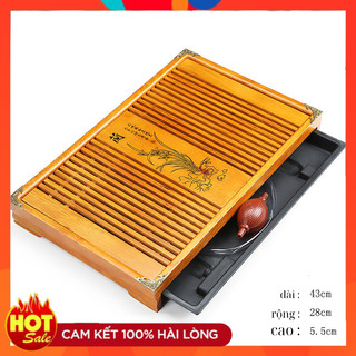 Khay trà tre kích thước 43x28cm có ngăn chứa nước thừa, khay đựng ấm chén cao cấp