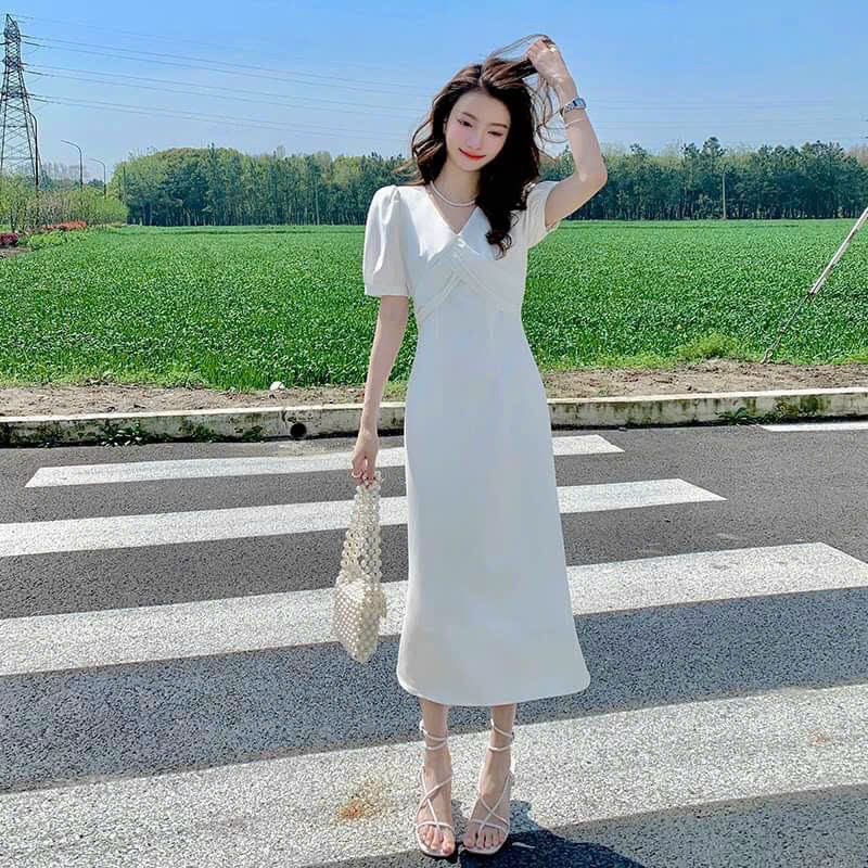 Đầm thời trang nữ mặc đi chơi chất cotton lạnh cổ bèo lá tiểu thư váy xoè chữ a dài maxi qua gối cao cấp màu trắng